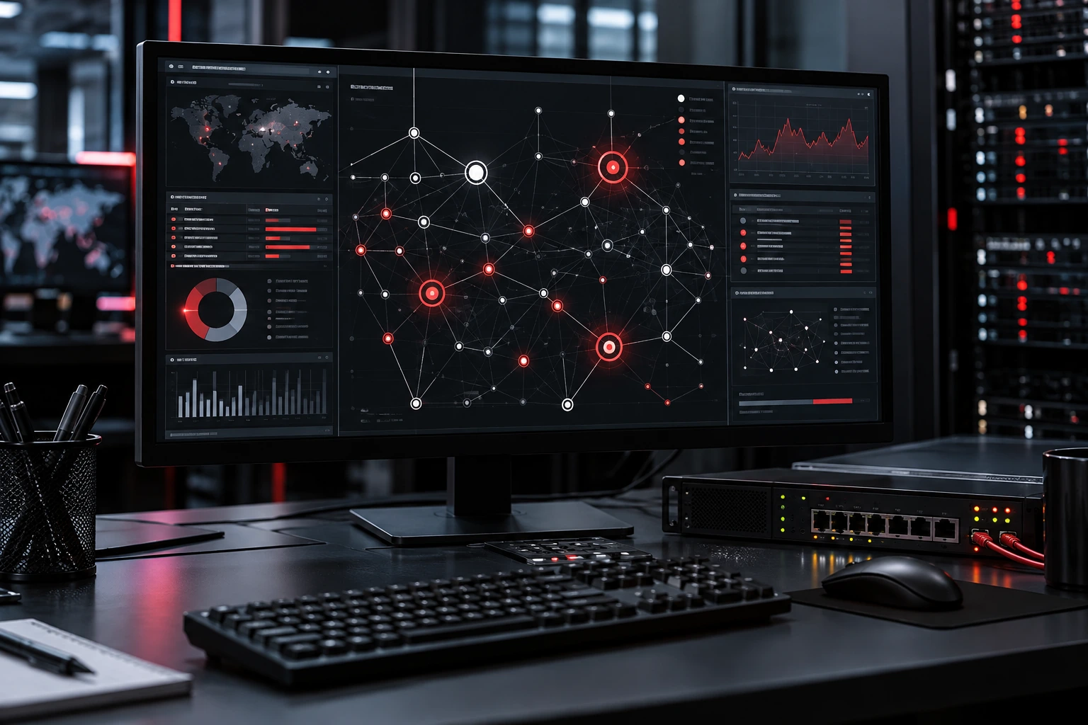 Estação de análise de segurança digital com monitor de riscos e topologia de rede