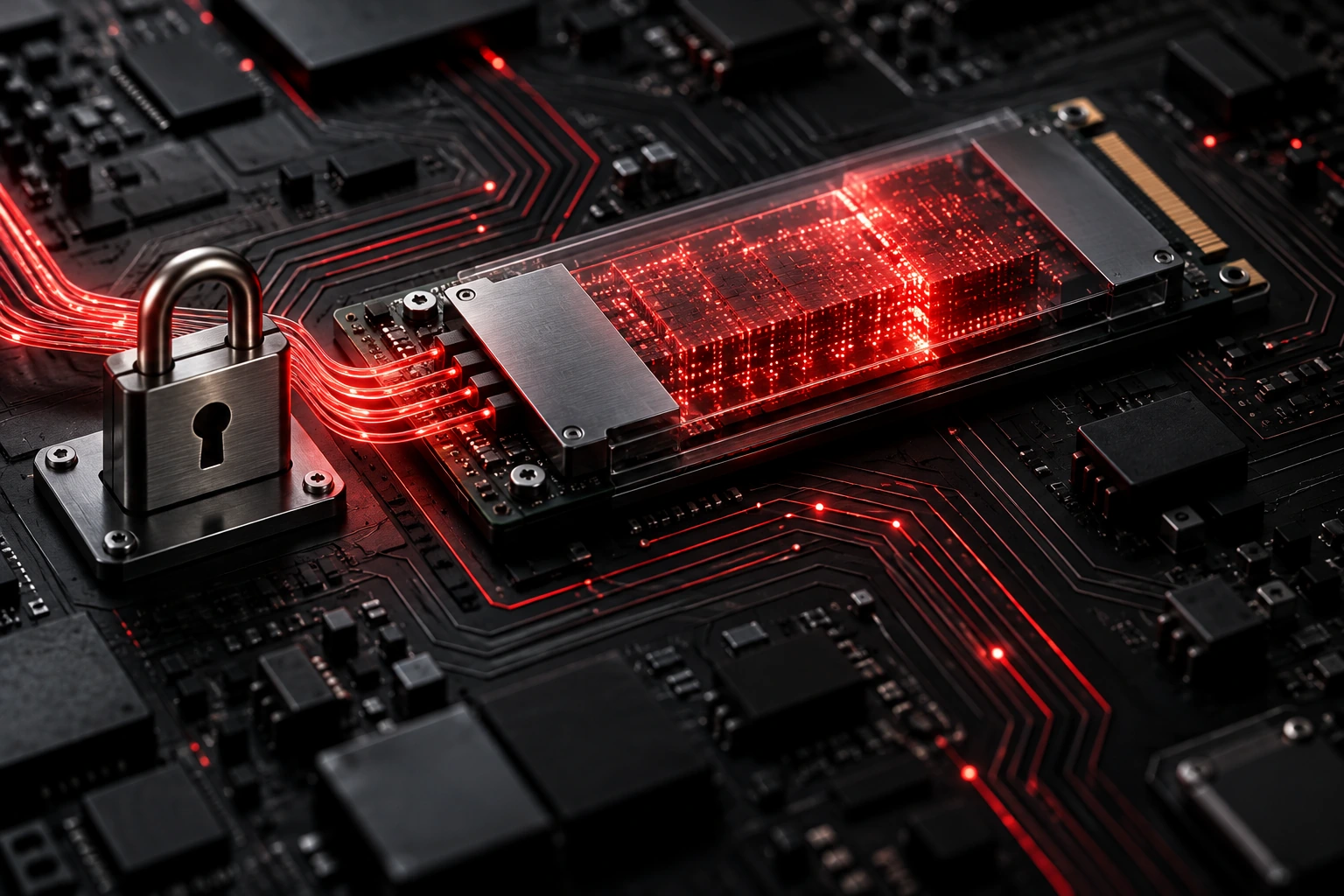 Armazenamento digital protegido por criptografia, representado por circuito e cadeado
