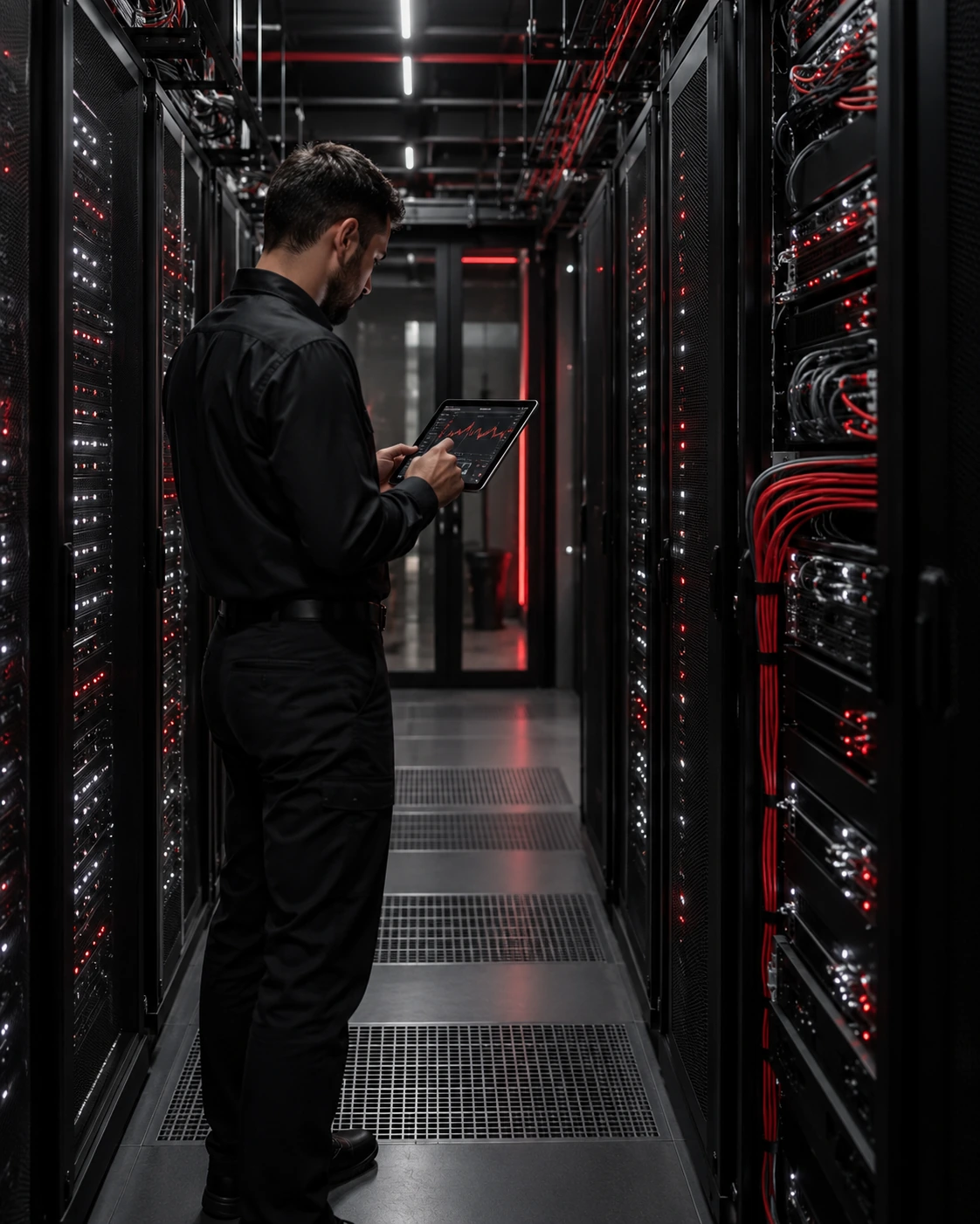 Profissional monitorando servidores e infraestrutura digital em um centro de dados