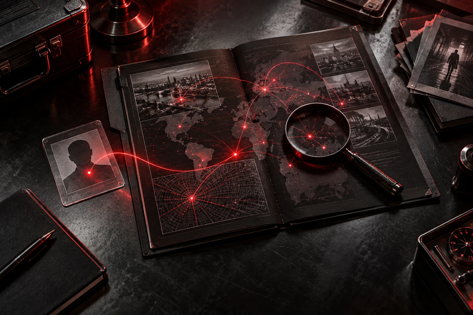 Dossiê digital com evidências conectadas em vermelho